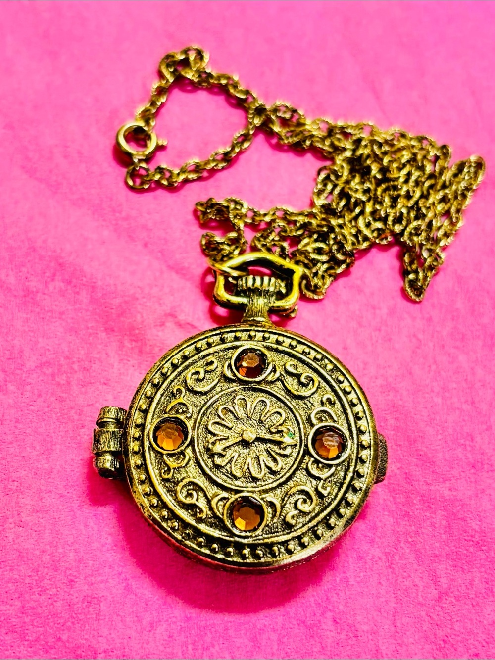Mary Chess Locket for Watkins Solid Perfume Brown Rhinestones Pocket Watch Motif - Picture 2 of 4